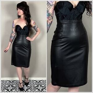 Vintage 1980s Black Leather Pencil Mini Skirt